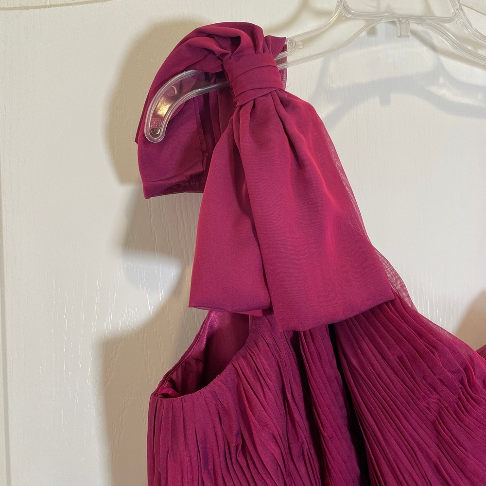 Mac Duggal One Shoulder Dress Bow Pleated Chiffon Gown Raspberry Pink NWT 14 - Picture 7 of 12